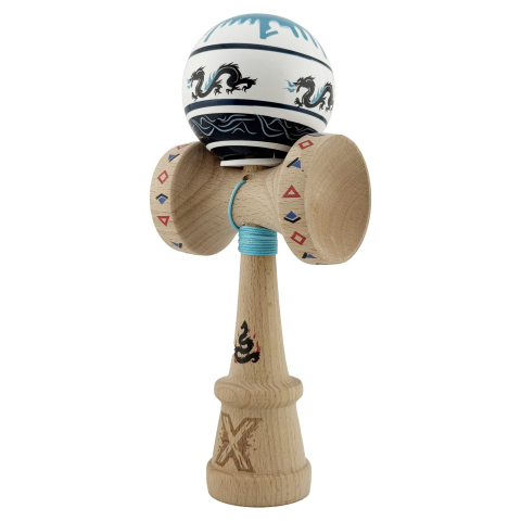 Kendama X Originala, Profesionala, DRAGON Series, Super Sticky cu Cupe Mari King Size V3, Rulment Metalic si Gaura in Baza, din Lemn 18 cm, Ata 62/65 cm, Albastru/Negru [2]