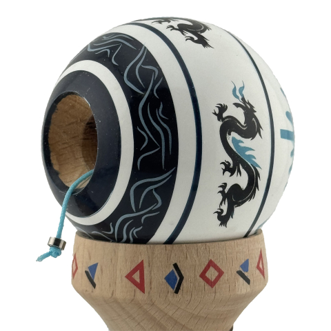 Kendama X Originala, Profesionala, DRAGON Series, Super Sticky cu Cupe Mari King Size V3, Rulment Metalic si Gaura in Baza, din Lemn 18 cm, Ata 62/65 cm, Albastru/Negru [6]