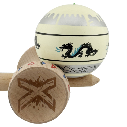 Kendama X Originala, Profesionala, DRAGON Series, Super Sticky cu Cupe Mari King Size V3, Rulment Metalic si Gaura in Baza, din Lemn 18 cm, Ata 62/65 cm, Gri/Verde deschis [8]