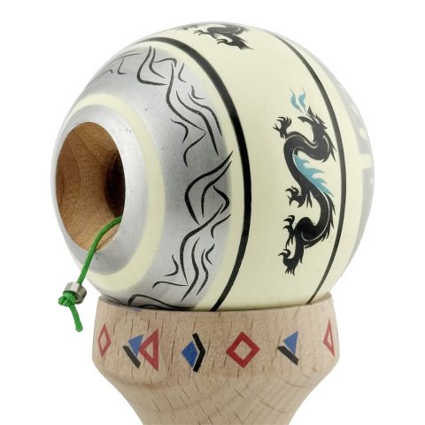 Kendama X Originala, Profesionala, DRAGON Series, Super Sticky cu Cupe Mari King Size V3, Rulment Metalic si Gaura in Baza, din Lemn 18 cm, Ata 62/65 cm, Gri/Verde deschis [6]