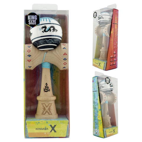 Kendama X Originala, Profesionala, DRAGON Series, Super Sticky cu Cupe Mari King Size V3, Rulment Metalic si Gaura in Baza, din Lemn 18 cm, Ata 62/65 cm, Albastru/Negru [5]