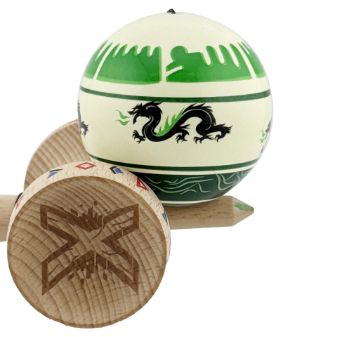 Kendama X Originala, Profesionala, DRAGON Series, Super Sticky cu Cupe Mari King Size V3, Rulment Metalic si Gaura in Baza, din Lemn 18 cm, Ata 62/65 cm, Verde deschis/Negru [8]