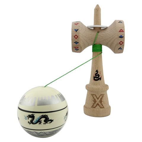 Kendama X Originala, Profesionala, DRAGON Series, Super Sticky cu Cupe Mari King Size V3, Rulment Metalic si Gaura in Baza, din Lemn 18 cm, Ata 62/65 cm, Gri/Verde deschis [3]