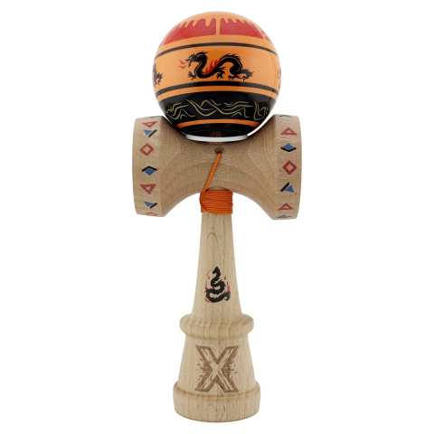Kendama X Originala, Profesionala, DRAGON Series, Super Sticky cu Cupe Mari King Size V3, Rulment Metalic si Gaura in Baza, din Lemn 18 cm, Ata 62/65 cm, Portocaliu/Negru [1]