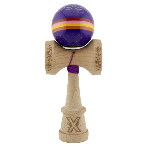 Kendama X Originala, Profesionala, NIGHT SKY, Super Sticky cu Cupe Mari KING SIZE V3, Gaura in Baza, Rulment Metalic, din lemn 18 cm, Ata 62/65 cm, Mov [1]