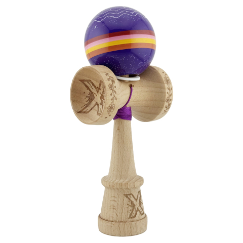 Kendama Super Sticky V3 Cupe Mari - Kendama X Originala, Profesionala, NIGHT SKY, Super Sticky cu Cupe Mari KING SIZE V3, Gaura in Baza, Rulment Metalic, din lemn 18 cm, Ata 62/65 cm, Mov