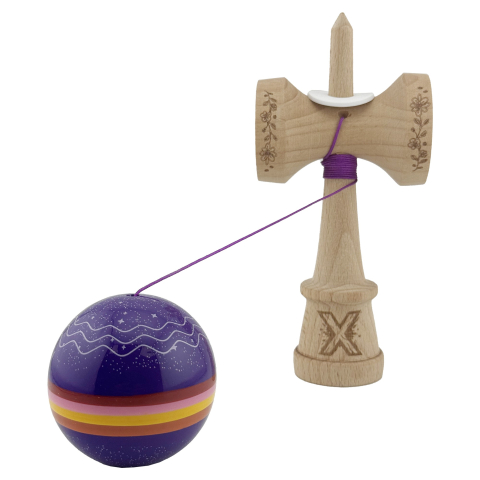 Kendama X Originala, Profesionala, NIGHT SKY, Super Sticky cu Cupe Mari KING SIZE V3, Gaura in Baza, Rulment Metalic, din lemn 18 cm, Ata 62/65 cm, Mov [3]