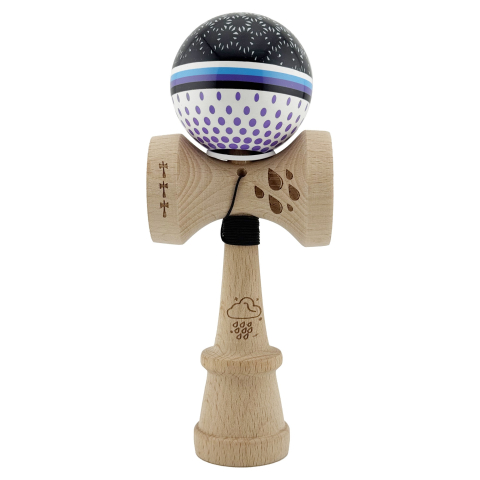 Kendama X Originala, Profesionala, RAINDROPS, Super Sticky cu Cupe Mari KING SIZE V3, Gaura in Baza, Rulment Metalic, din lemn 18 cm, Ata 62/65 cm, Alb/Negru/Mov [1]