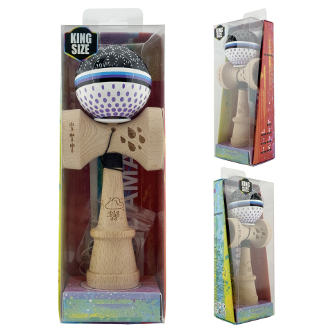 Kendama X Originala, Profesionala, RAINDROPS, Super Sticky cu Cupe Mari KING SIZE V3, Gaura in Baza, Rulment Metalic, din lemn 18 cm, Ata 62/65 cm, Alb/Negru/Mov [5]