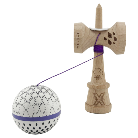 Kendama X Originala, Profesionala, Flippy, RAINDROPS, Super Sticky cu Cupe Mari KING SIZE V3, Gaura in Baza, Rulment Metalic, din lemn 18 cm, Ata 62/65 cm, Alb/Albastru [3]