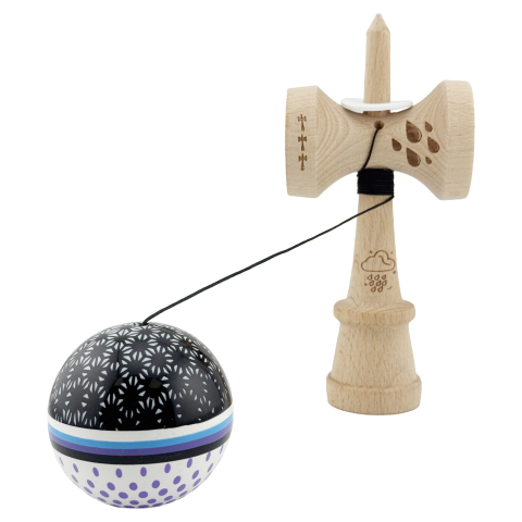 Kendama X Originala, Profesionala, RAINDROPS, Super Sticky cu Cupe Mari KING SIZE V3, Gaura in Baza, Rulment Metalic, din lemn 18 cm, Ata 62/65 cm, Alb/Negru/Mov [3]