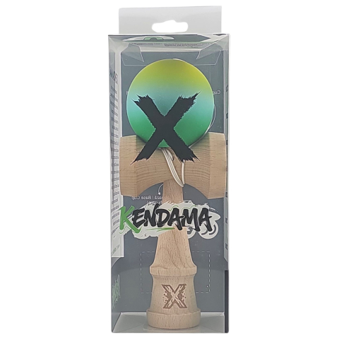 Kendama X Originala, Profesionala, Rubber Grip, din Lemn, 18 cm, Galben/Albastru/Verde [3]