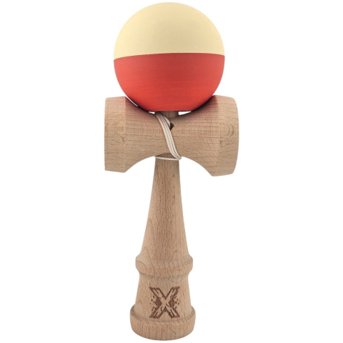 Kendama Rubber Grip - Kendama X Originala, Profesionala, Rubber Grip, din Lemn, 18 cm, Galben deschis/Rosu