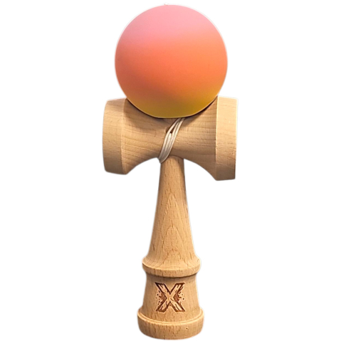 Kendama Rubber Grip V3 Cupe Mari - Kendama X Originala, Profesionala, Rubber Grip, din Lemn, 18 cm, V3, Roz/Portocaliu/Galben