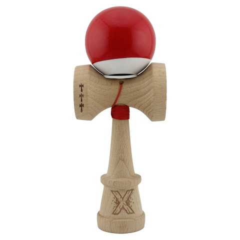 Kendama X Originala, Profesionala, Super Sticky cu Cupe Mari KING SIZE V3, Gaura in Baza, Rulment Metalic, din lemn 18 cm, Ata 62/65 cm, Bicolor Rosu/Alb [1]