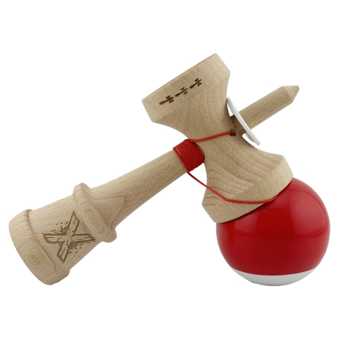 Kendama X Originala, Profesionala, Super Sticky cu Cupe Mari KING SIZE V3, Gaura in Baza, Rulment Metalic, din lemn 18 cm, Ata 62/65 cm, Bicolor Rosu/Alb [4]