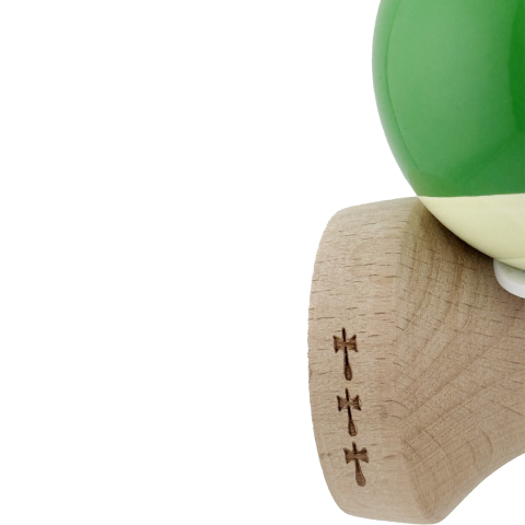 Kendama X Originala, Profesionala, Super Sticky cu Cupe Mari KING SIZE V3, Gaura in Baza, Rulment Metalic, din lemn 18 cm, Ata 62/65 cm, Bicolor Verde/Alb [7]