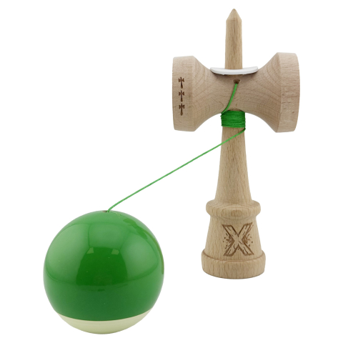 Kendama X Originala, Profesionala, Super Sticky cu Cupe Mari KING SIZE V3, Gaura in Baza, Rulment Metalic, din lemn 18 cm, Ata 62/65 cm, Bicolor Verde/Alb [3]
