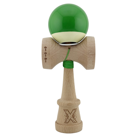 Kendama X Originala, Profesionala, Super Sticky cu Cupe Mari KING SIZE V3, Gaura in Baza, Rulment Metalic, din lemn 18 cm, Ata 62/65 cm, Bicolor Verde/Alb [1]