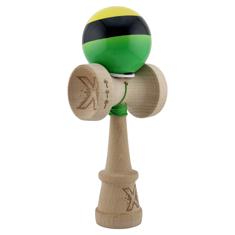 Kendama Super Sticky V3 Cupe Mari - Kendama X Originala, Profesionala, Super Sticky cu Cupe Mari KING SIZE V3, Gaura in Baza, Rulment Metalic, din lemn 18 cm, Ata 62/65 cm, Galben/Negru/Verde