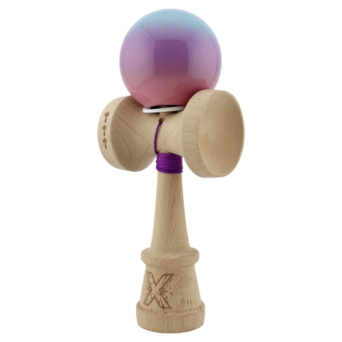 Kendama X Originala, Profesionala, Super Sticky cu Cupe Mari KING SIZE V3, Gaura in Baza, Rulment Metalic, din lemn 18 cm, Ata 62/65 cm, Gradient Albastru/Mov/Roz [2]