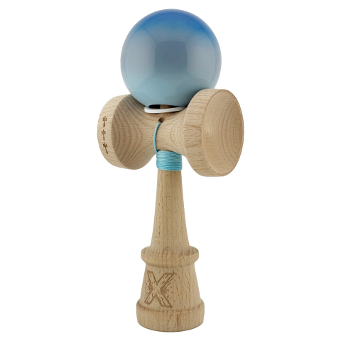 Kendama X Originala, Profesionala, Super Sticky cu Cupe Mari KING SIZE V3, Gaura in Baza, Rulment Metalic, din lemn 18 cm, Ata 62/65 cm, Gradient Albastru/Gri/Bleu [2]