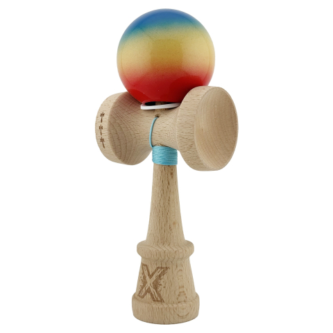 Kendama X Originala, Profesionala, Super Sticky cu Cupe Mari KING SIZE V3, Gaura in Baza, Rulment Metalic, din lemn 18 cm, Ata 62/65 cm, Gradient Albastru/Galben/Rosu [2]