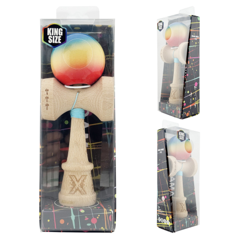 Kendama X Originala, Profesionala, Super Sticky cu Cupe Mari KING SIZE V3, Gaura in Baza, Rulment Metalic, din lemn 18 cm, Ata 62/65 cm, Gradient Albastru/Galben/Rosu [5]