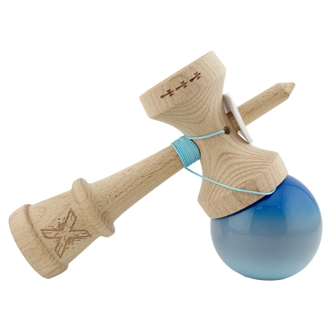 Kendama X Originala, Profesionala, Super Sticky cu Cupe Mari KING SIZE V3, Gaura in Baza, Rulment Metalic, din lemn 18 cm, Ata 62/65 cm, Gradient Albastru/Gri/Bleu [4]