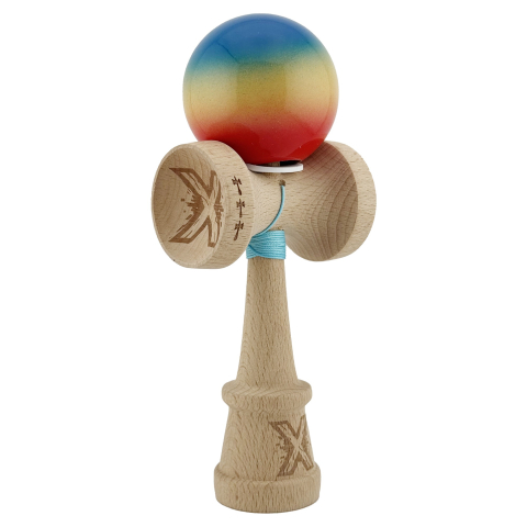 Kendama Super Sticky V3 Cupe Mari - Kendama X Originala, Profesionala, Super Sticky cu Cupe Mari KING SIZE V3, Gaura in Baza, Rulment Metalic, din lemn 18 cm, Ata 62/65 cm, Gradient Albastru/Galben/Rosu