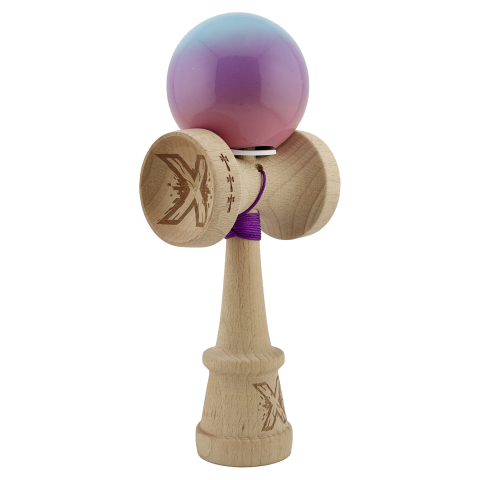 Kendama Super Sticky V3 Cupe Mari - Kendama X Originala, Profesionala, Super Sticky cu Cupe Mari KING SIZE V3, Gaura in Baza, Rulment Metalic, din lemn 18 cm, Ata 62/65 cm, Gradient Albastru/Mov/Roz