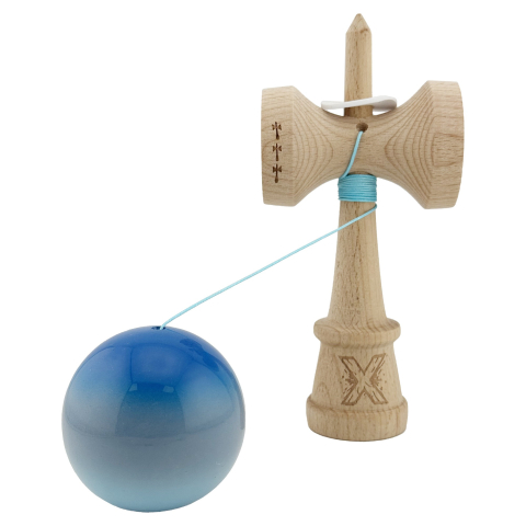 Kendama X Originala, Profesionala, Super Sticky cu Cupe Mari KING SIZE V3, Gaura in Baza, Rulment Metalic, din lemn 18 cm, Ata 62/65 cm, Gradient Albastru/Gri/Bleu [3]