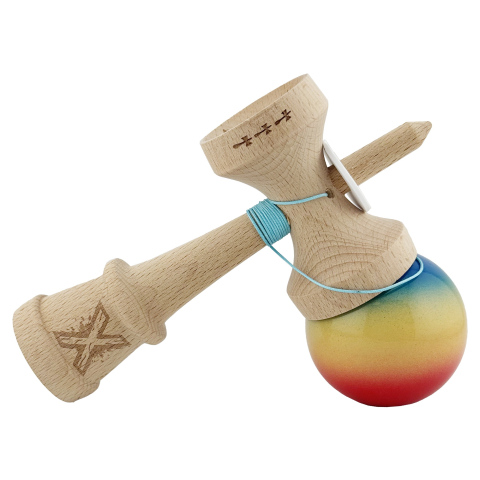 Kendama X Originala, Profesionala, Super Sticky cu Cupe Mari KING SIZE V3, Gaura in Baza, Rulment Metalic, din lemn 18 cm, Ata 62/65 cm, Gradient Albastru/Galben/Rosu [4]