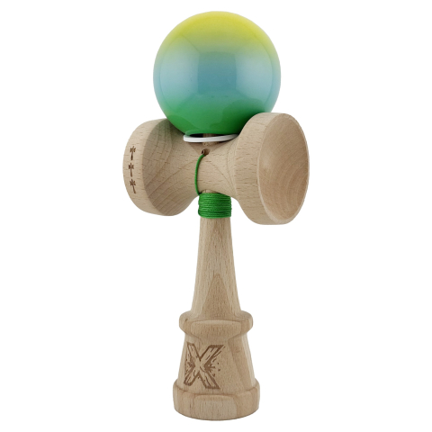 Kendama X Originala, Profesionala, Super Sticky cu Cupe Mari KING SIZE V3, Gaura in Baza, Rulment Metalic, din lemn 18 cm, Ata 62/65 cm, Gradient Galben/Albastru/Verde [2]