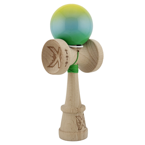 Kendama Super Sticky V3 Cupe Mari - Kendama X Originala, Profesionala, Super Sticky cu Cupe Mari KING SIZE V3, Gaura in Baza, Rulment Metalic, din lemn 18 cm, Ata 62/65 cm, Gradient Galben/Albastru/Verde