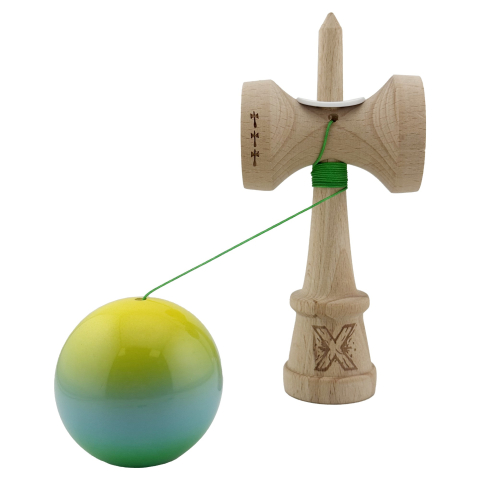 Kendama X Originala, Profesionala, Super Sticky cu Cupe Mari KING SIZE V3, Gaura in Baza, Rulment Metalic, din lemn 18 cm, Ata 62/65 cm, Gradient Galben/Albastru/Verde [3]