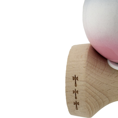 Kendama X Originala, Profesionala, Super Sticky cu Cupe Mari KING SIZE V3, Gaura in Baza, Rulment Metalic, din lemn 18 cm, Ata 62/65 cm, Gradient Gri/Alb/Roz [7]