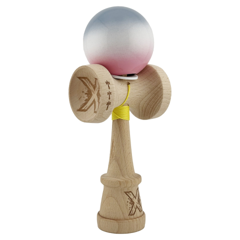 Kendama Super Sticky V3 Cupe Mari - Kendama X Originala, Profesionala, Super Sticky cu Cupe Mari KING SIZE V3, Gaura in Baza, Rulment Metalic, din lemn 18 cm, Ata 62/65 cm, Gradient Gri/Alb/Roz