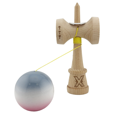 Kendama X Originala, Profesionala, Super Sticky cu Cupe Mari KING SIZE V3, Gaura in Baza, Rulment Metalic, din lemn 18 cm, Ata 62/65 cm, Gradient Gri/Alb/Roz [3]