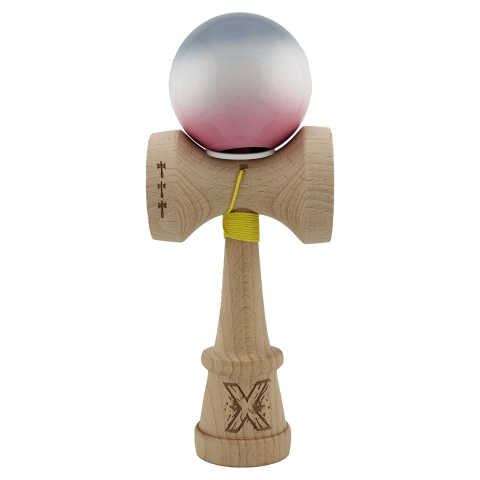 Kendama X Originala, Profesionala, Super Sticky cu Cupe Mari KING SIZE V3, Gaura in Baza, Rulment Metalic, din lemn 18 cm, Ata 62/65 cm, Gradient Gri/Alb/Roz [1]