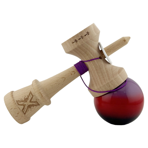 Kendama X Originala, Profesionala, Super Sticky cu Cupe Mari KING SIZE V3, Gaura in Baza, Rulment Metalic, din lemn 18 cm, Ata 62/65 cm, Gradient Mov/Rosu/Negru [4]