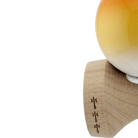 Kendama X Originala, Profesionala, Super Sticky cu Cupe Mari KING SIZE V3, Gaura in Baza, Rulment Metalic, din lemn 18 cm, Ata 62/65 cm, Gradient Portocaliu/Galben/Alb [7]