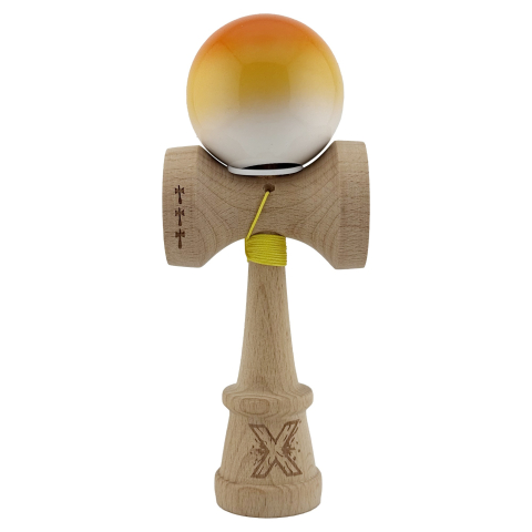Kendama X Originala, Profesionala, Super Sticky cu Cupe Mari KING SIZE V3, Gaura in Baza, Rulment Metalic, din lemn 18 cm, Ata 62/65 cm, Gradient Portocaliu/Galben/Alb [1]