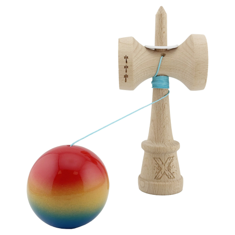 Kendama X Originala, Profesionala, Super Sticky cu Cupe Mari KING SIZE V3, Gaura in Baza, Rulment Metalic, din lemn 18 cm, Ata 62/65 cm, Gradient Rosu/Galben/Albastru [3]