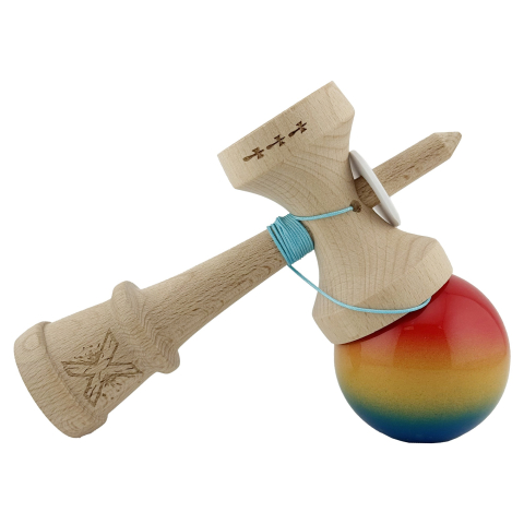 Kendama X Originala, Profesionala, Super Sticky cu Cupe Mari KING SIZE V3, Gaura in Baza, Rulment Metalic, din lemn 18 cm, Ata 62/65 cm, Gradient Rosu/Galben/Albastru [4]