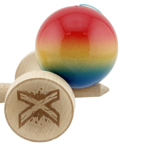 Kendama X Originala, Profesionala, Super Sticky cu Cupe Mari KING SIZE V3, Gaura in Baza, Rulment Metalic, din lemn 18 cm, Ata 62/65 cm, Gradient Rosu/Galben/Albastru [8]