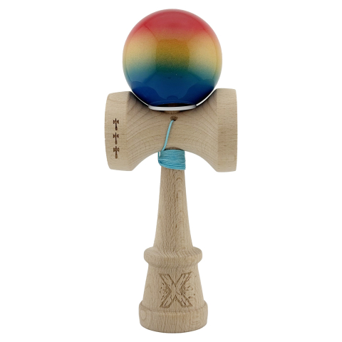 Kendama X Originala, Profesionala, Super Sticky cu Cupe Mari KING SIZE V3, Gaura in Baza, Rulment Metalic, din lemn 18 cm, Ata 62/65 cm, Gradient Rosu/Galben/Albastru [1]