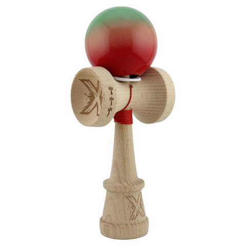 Kendama Super Sticky V3 Cupe Mari - Kendama X Originala, Profesionala, Super Sticky cu Cupe Mari KING SIZE V3, Gaura in Baza, Rulment Metalic, din lemn 18 cm, Ata 62/65 cm, Gradient Verde/Portocaliu/Rosu