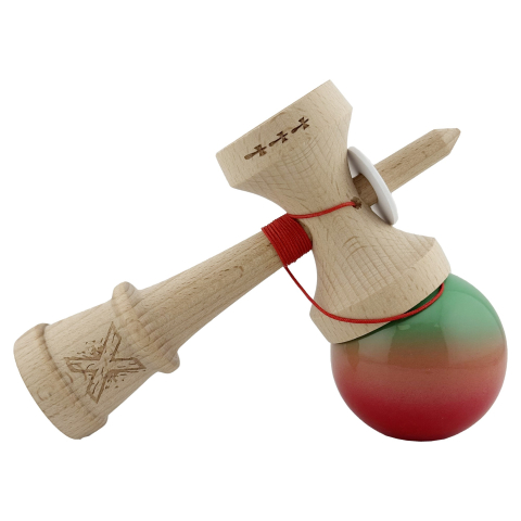 Kendama X Originala, Profesionala, Super Sticky cu Cupe Mari KING SIZE V3, Gaura in Baza, Rulment Metalic, din lemn 18 cm, Ata 62/65 cm, Gradient Verde/Portocaliu/Rosu [4]