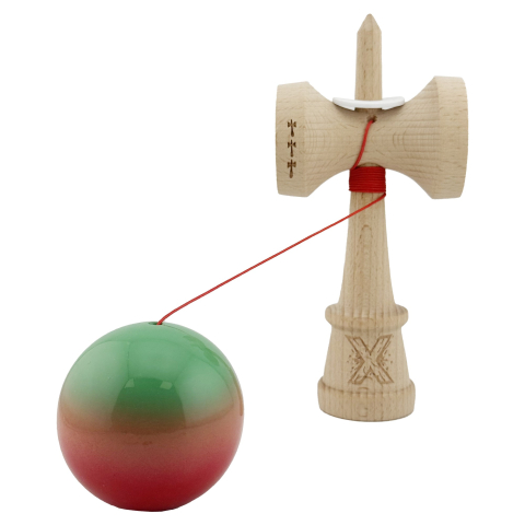 Kendama X Originala, Profesionala, Super Sticky cu Cupe Mari KING SIZE V3, Gaura in Baza, Rulment Metalic, din lemn 18 cm, Ata 62/65 cm, Gradient Verde/Portocaliu/Rosu [3]